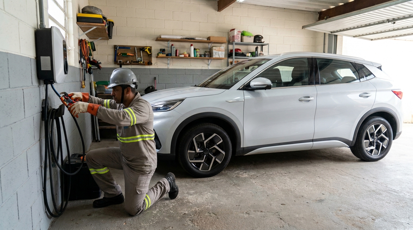 Eletricista instalando carregador de carro eletrico em Teresina‑PI